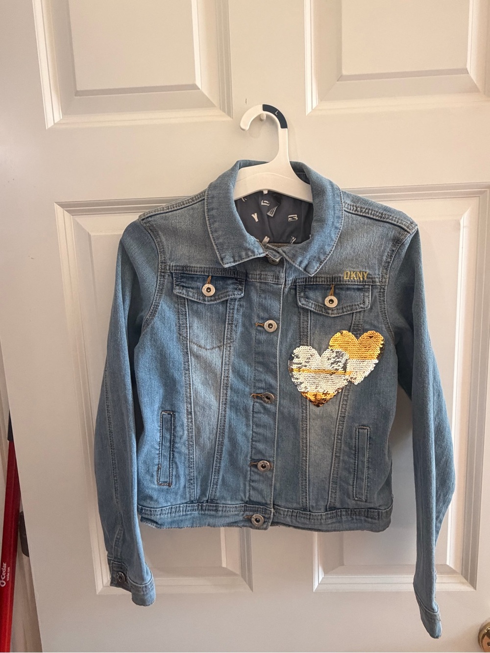 DKNY Light Blue Denim Jacket with Reversible Sequin Heart